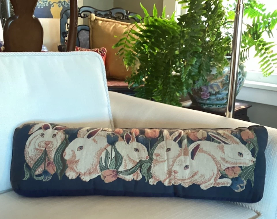 Vintage Tapestry Throw Pillow Bunnies Flowers Rabbits Long Blue Cottage 27”x8” - Image 1 of 4
