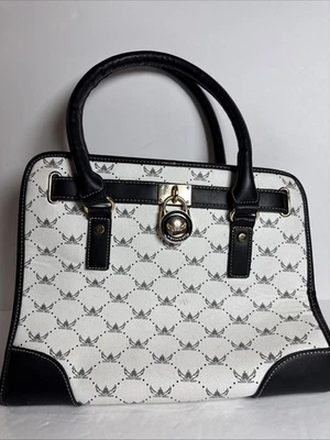 Wendy Keen One Size Satchel Black White Hand Bag Purse Zipper Close 14x12in - Image 1 of 4