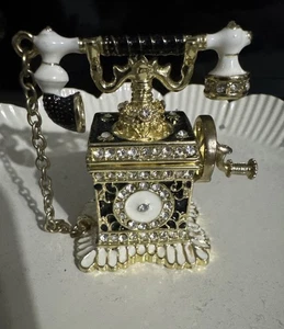 Bejeweled Vintage Telefon Metall emailliert Strass aufklappbar Mini Schmuckschatulle 2,5" - Bild 1 von 5