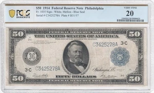 Fr. 1035 1914 $50 Federal Reserve BN Philadelphia PCGS VF20 - Picture 1 of 2