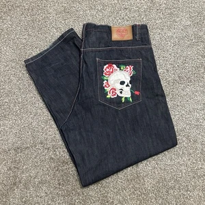 Vintage Don Ed Hardy Skull & Roses Embroidered Baggy Dark Denim Jeans Mens 40x32 - Picture 1 of 6