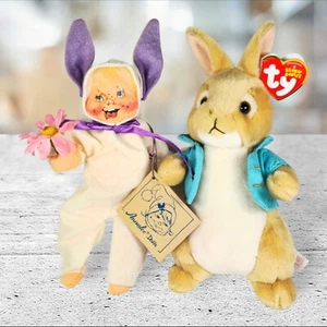 VTG 8" ANNALEE 1990 EASTER BUNNY KID + BONUS TY BEANIE BABY PETER RABBIT w/Tags - Picture 1 of 2