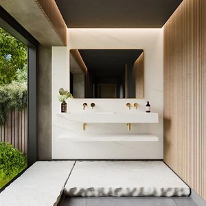 Doppel-Waschbecken/Waschtisch Marmoroptik Weiß Matt mit Ablage - Handgefertigt - Bild 1 von 6