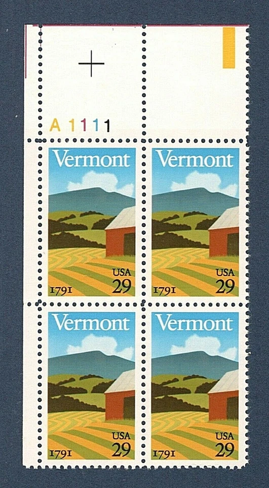 Sc # 2533 ~ Plate # Block ~ 29 cent Vermont Statehood Issue (el19) - Image 1 of 1
