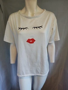 CYG Blanco Manga Corta Cuello Redondo Suave Jersey Ojos y Labios Motivo Top Talla 16 - Imagen 1 de 4