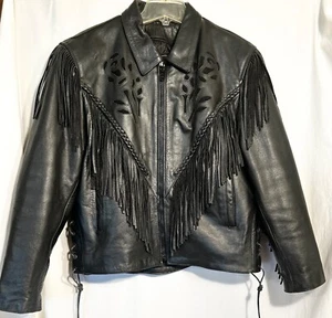 Giacca western donna XL nera con frange in pelle foderata da moto con intarsio rosa - Foto 1 di 5