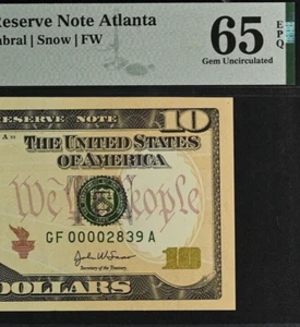 2004A $10 Atlanta FRN PMG 65EPQ wanted four digit low serial number 00002839 - Picture 1 of 3