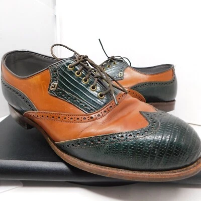 AS IS Footjoy Classics 10D Golf Shoes 57331 Brogue WINGTIP Tegu Lizard Saddle - Image 1 of 4