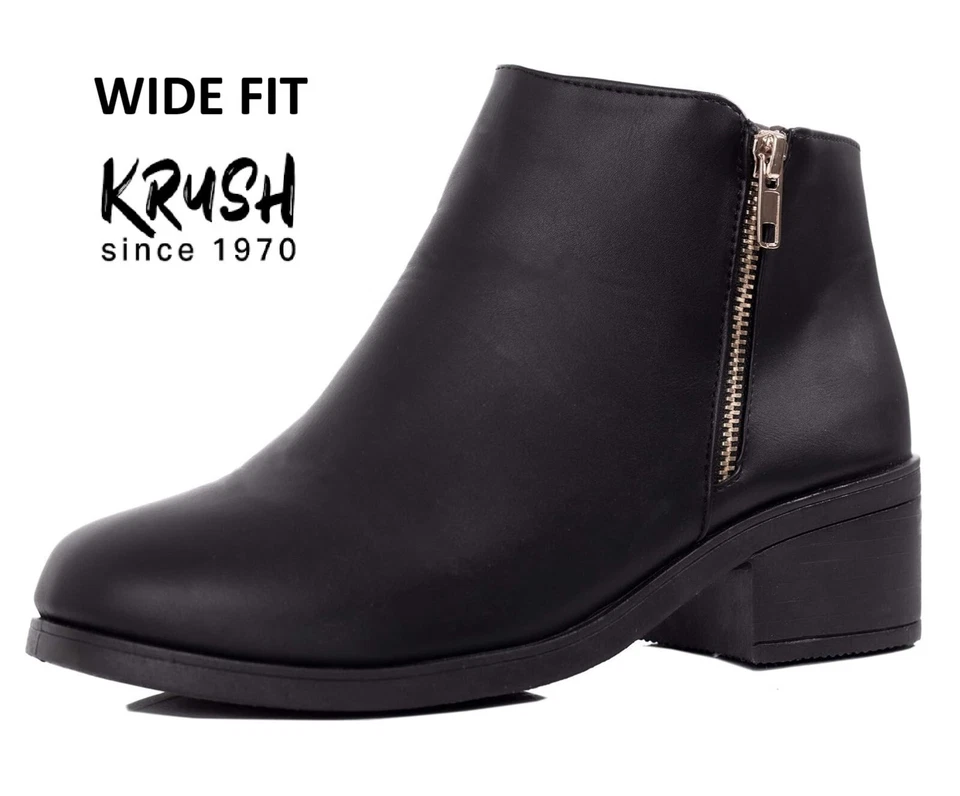 KRUSH Ladies WIDE Black Low Heels New Boots Womens Zip Up Casual Shoes Sizes 4 5 6 7 8
