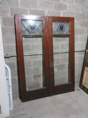 ~ PUERTAS DOBLES ANTIGUAS DE CAOBA CON VIDRIERAS Y BISELADAS 60 X 82 ~SALVAGE Foto 1 de 4