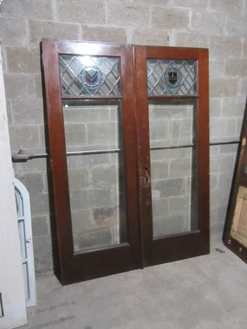 ~ ANTIQUE MAHOGANY DOUBLE DOORS WITH STAINED AND BEVELED GLASS 60 X 82 ~SALVAGE Cover