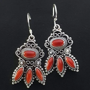 Boucles d'oreilles en argent sterling 925 pierre de corail rouge Népal goutte tibétaine vintage - Photo 1/3