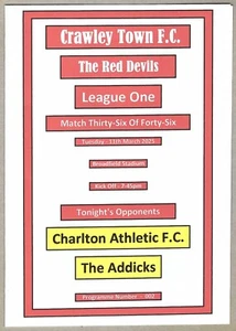 CRAWLEY TOWN v CHARLTON ATHLETIC 11.03.25 LEAGUE ONE PROGRAMME - Picture 1 of 3