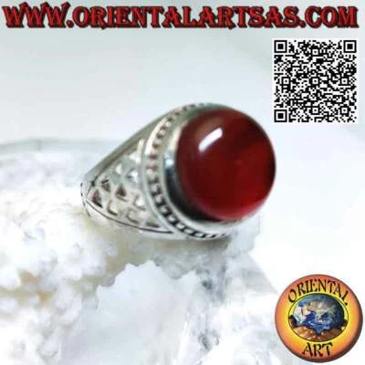 Anello in argento 925 ‰ corniola tonda cabochon e serie di trafori triangolari s - Immagine 1 di 4