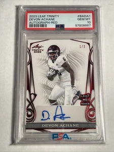 2023 Leaf Trinity Devon Achane Autograph RED 1/3 Rookie RC - PSA 10 SSP Dolphins - Picture 1 of 3
