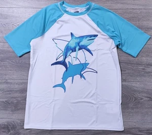 Lands End Shirt Boys X-Large Husky 14-16 White Shark Rash Guard Swim Shirt Kids - Picture 1 of 7