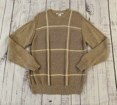 Vintage Geoffrey Beene Tan Knit Crew Neck Sweater Size M. Plaid Preppy Classic - Image 1 of 4