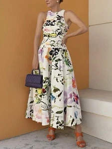 AJE-AU 14/US 10-INTROSPECT BOTANICAL FLORAL SIDE CUT OUT WHITE LINEN MIDI DRESS - Picture 1 of 18