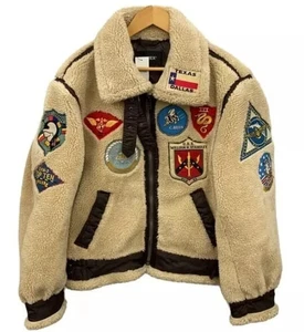 Vintage Avirex Shearling Aviator Bomber Jacket with Military Patches Fur Jacket - Picture 1 of 5