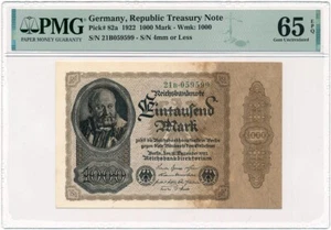 Germany - 1000 Mark 1922 w/o overprint * P82 * PMG Gem UNC 65 EPQ * scarce! - Picture 1 of 2