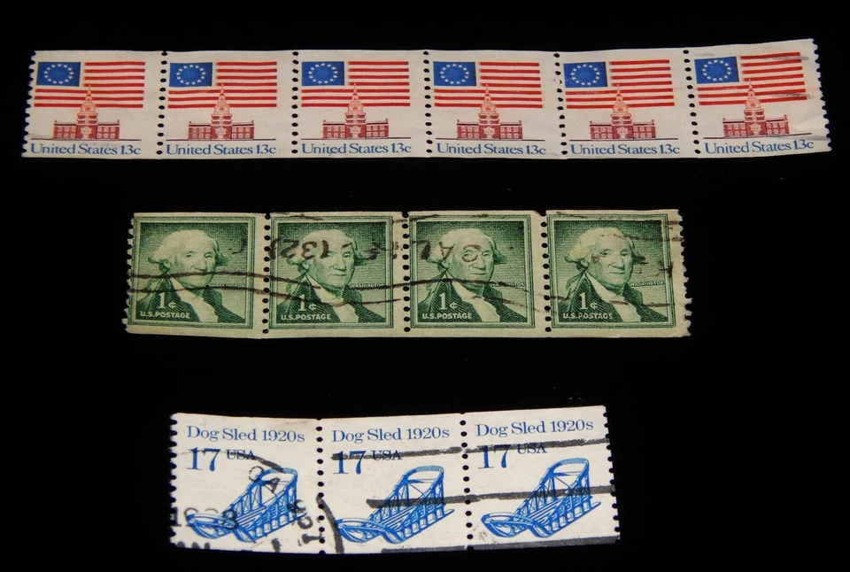 Vintage Stamp,Lot Of 3,UNITED STATES,Coil Strips,Flag,Dog Sled,George Washington - Image 1 of 4