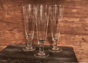 Nos Vintage 50s Mcm Atomic Starburst 8.5" Pilsner Glasses Etched Glass Set Of 4