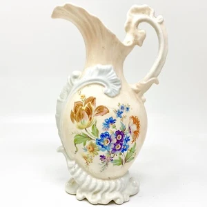Vintage Fancy Pitcher Ewer Coral w/ Floral Transfer Design - Picture 1 of 8