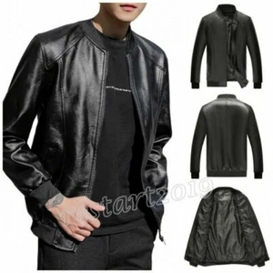 Chaqueta de cuero sintético para hombre cuello alto manga larga negocios cremallera calce ajustado nueva - Imagen 1 de 9
