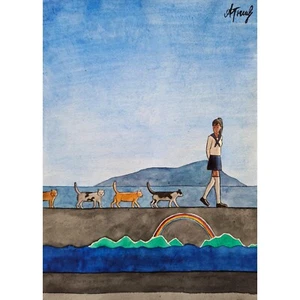 Quadro paesaggio marino arte originale dipinto gatto pittura acquerello - Foto 1 di 8