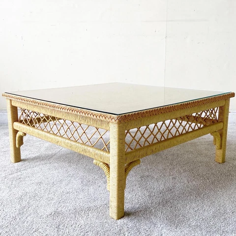 Boho Chic Wicker and Rattan Coffee Table With Glass Top by Henry Link Cover