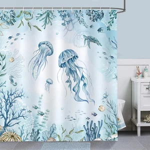 Jellyfish Shower Curtain, Teal Blue Ocean Turtle Coastal Beach Bathroom Curtain - Picture 1 of 7