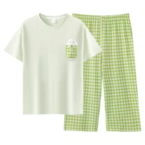 100% Cotton Women Capri Pajama Set 2 Pcs Short Sleeve Top Capris pants Sleepwear - Picture 1 of 10