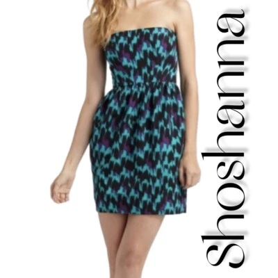 Vestido de cóctel Shoshanna sin tirantes estampado verde, azul, púrpura y negro talla 2 Foto 1 de 4