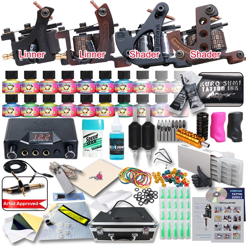 Kit de tatuaje completo profesional 4 ametralladoras superiores 20 tintas 50 agujas fuente de alimentación Foto 1 de 1