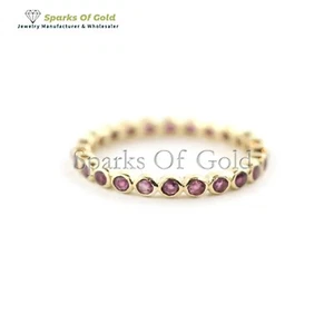 Solid 14K Yellow Gold Bezel Set Genuine Ruby Eternity Band Ring Anniversary Gift - Picture 1 of 2