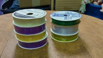 Mixed Lot 7 Spools Of Ribbon Various Colors Purple Yellow Green White - Image 1 of 4