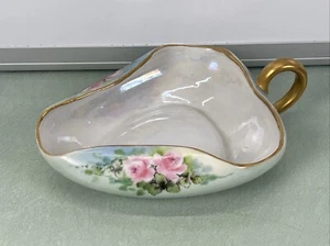Antique 1919 Nappy Trinket Dish Gravy Boat Iridescent Bavaria Signed Gold Floral - Picture 1 of 9