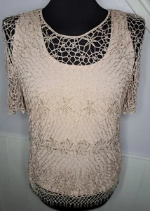 Jacques vert short sleeve gold beaded lined crochet vest top womens size L - Picture 1 of 10