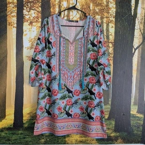 Women's XL Cover Up Dress W/ Birds Tucan Floral Bohemian Tassels Urban Cruise - Picture 1 of 12