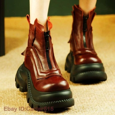 Botines con suela gruesa para mujer de cuero genuino plataforma alta para motocicleta cremallera frontal Foto 1 de 4