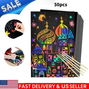 Papel de arte rascador arco iris dibujo hágalo usted mismo conjunto 50 hojas herramientas de boceto Magic Doodle - Imagen 1 de 9