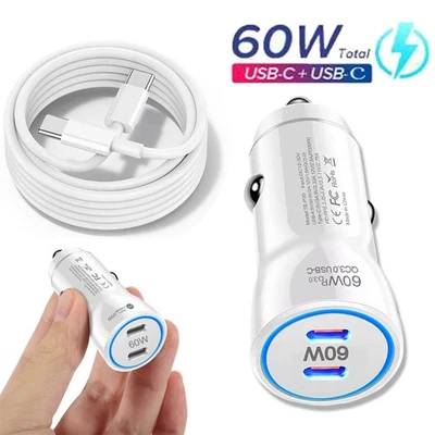 60W Mini Fast Charging Double USB-C Car Charger For iPhone 17 16 15 14 Pro Max - Image 1 of 4