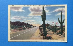 Out Wickenburg Way Arizona Vintage Linen Postcard UNUSED cactus desert highway - Picture 1 of 2