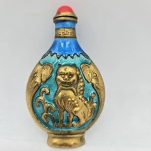 Vtg Chinese Asian Snuff Bottle Brass & Enamel Foo Dog Elephant - Picture 1 of 12