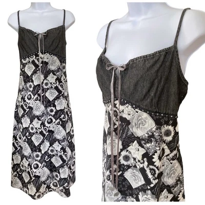 Vestido Midi Vintage Años 90 Y2k Desteñido Gloria Negro Denim Floral Leche Maid M/L Foto 1 de 4