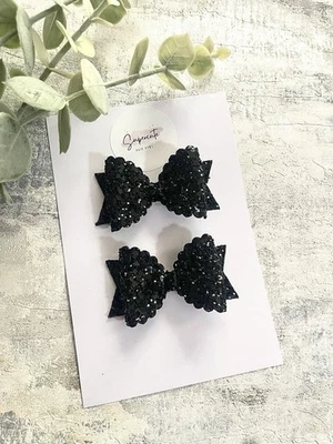 Black Hair Bows Clips Mini 2.5” Pigtail Bows Handmade Glitter Sparkle Piggy Bows - Image 1 of 2
