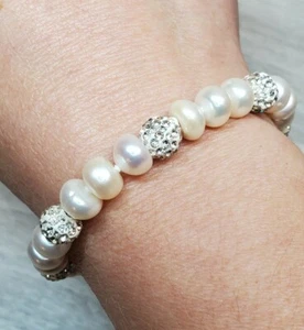 White Pearl and Crystal Bracelet with Silver Heart Shaped Lobster Style Clasp  - Picture 1 of 5