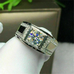 2Ct Round Cut Real Moissanite Men's Wedding Band Ring 14K White Gold Plated - Picture 1 of 7