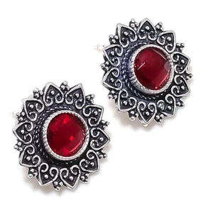 Mozambique Garnet Gemstone Handmade 925 Sterling Silver Jewelry Earring 0.79" - Picture 1 of 1