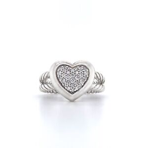 David Yurman Sterling Silver Diamond Pave Heart Cable Ring